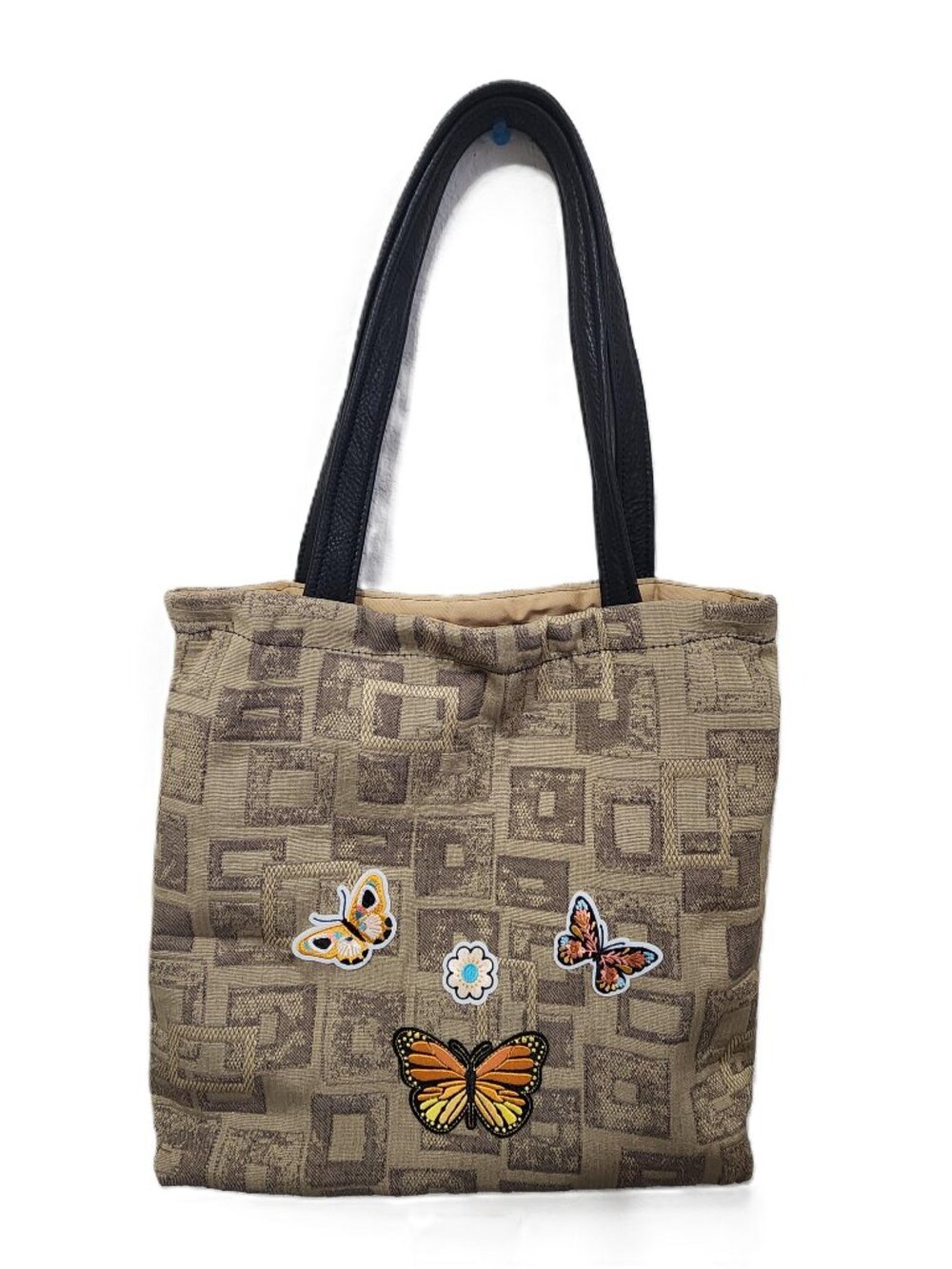 Handmade Artisan Butterfly Tapestry Tote-Genuine Leather Straps